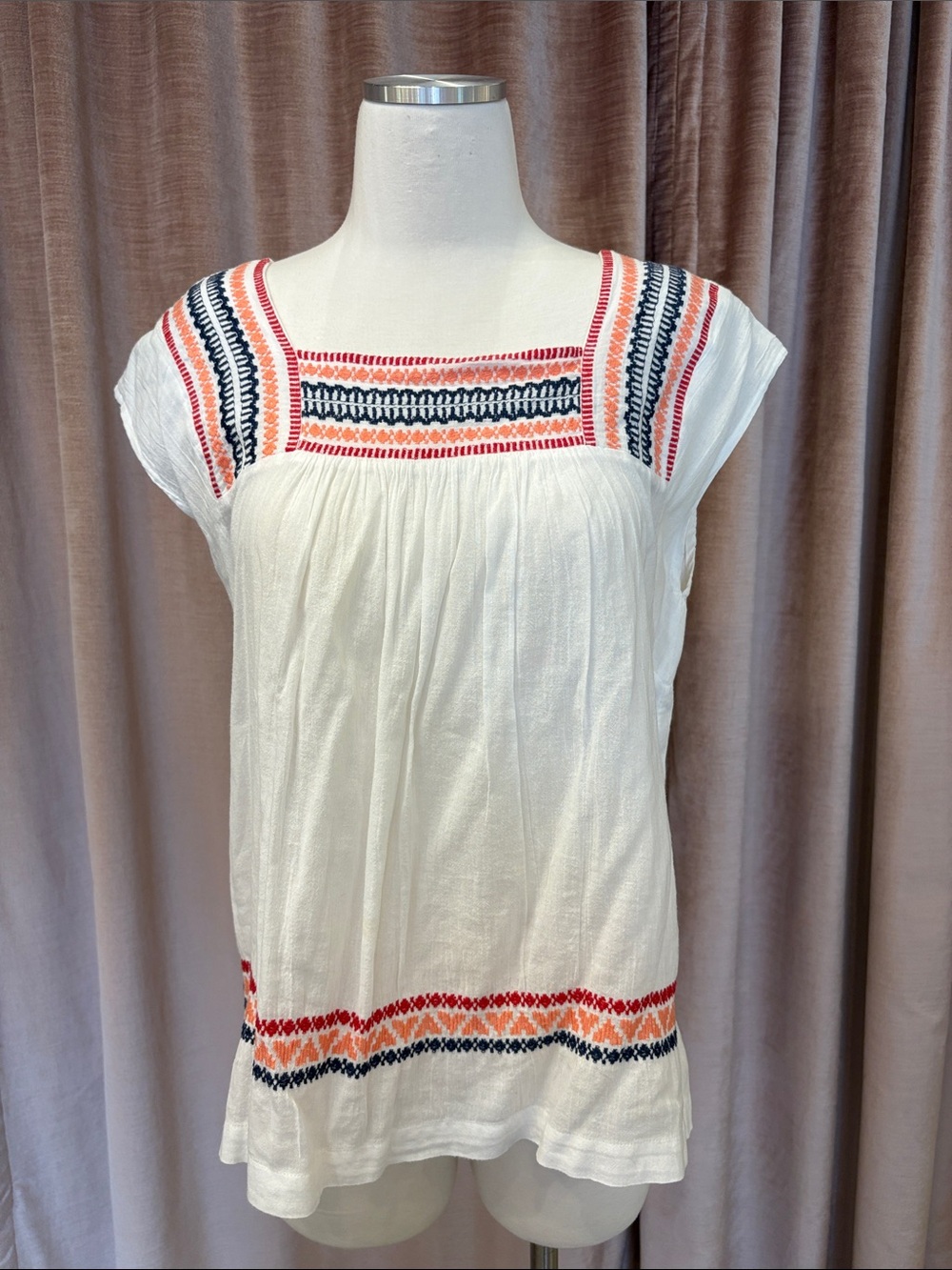 Embroidered White Cotton Peasant Top with Red & Navy Accents